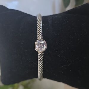 Silver Steel Cable Flex Open Cuff Bracelet with Clear Color Stone